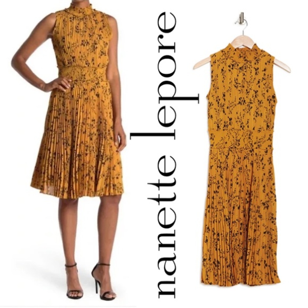Nanette Lepore Mustard Yellow Floral Pleated Midi Dress M (10)